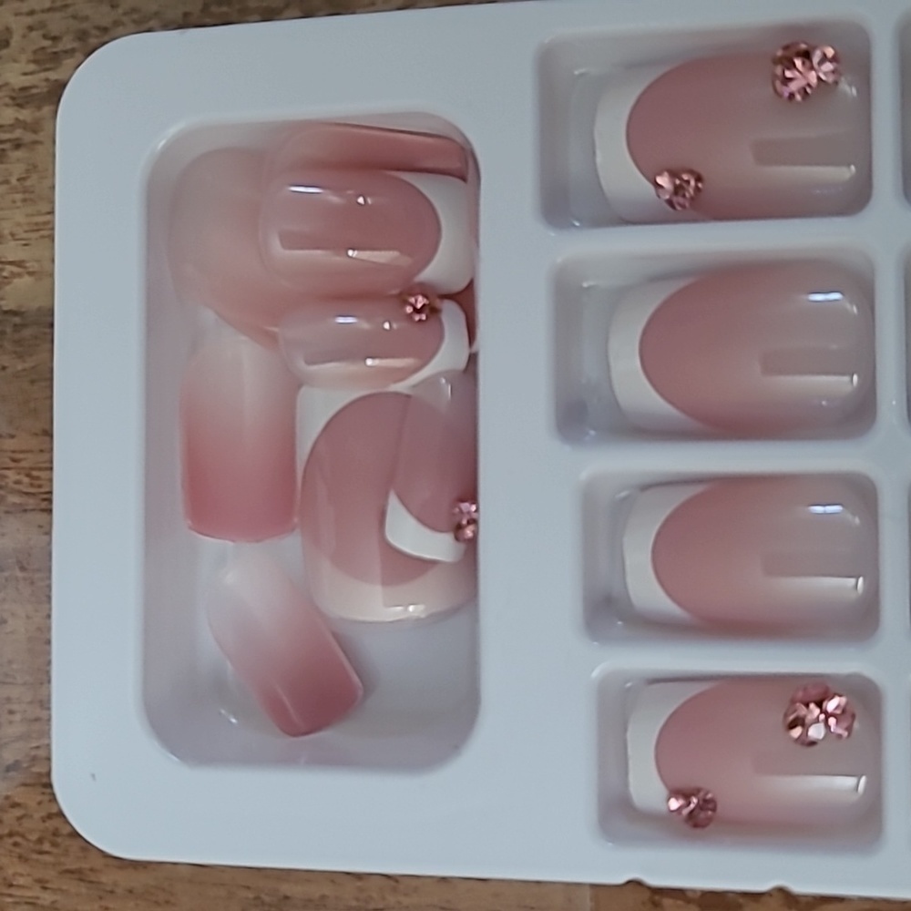 Pink Rhinestone French Manicure Press On Nails - Picture 10 of 14